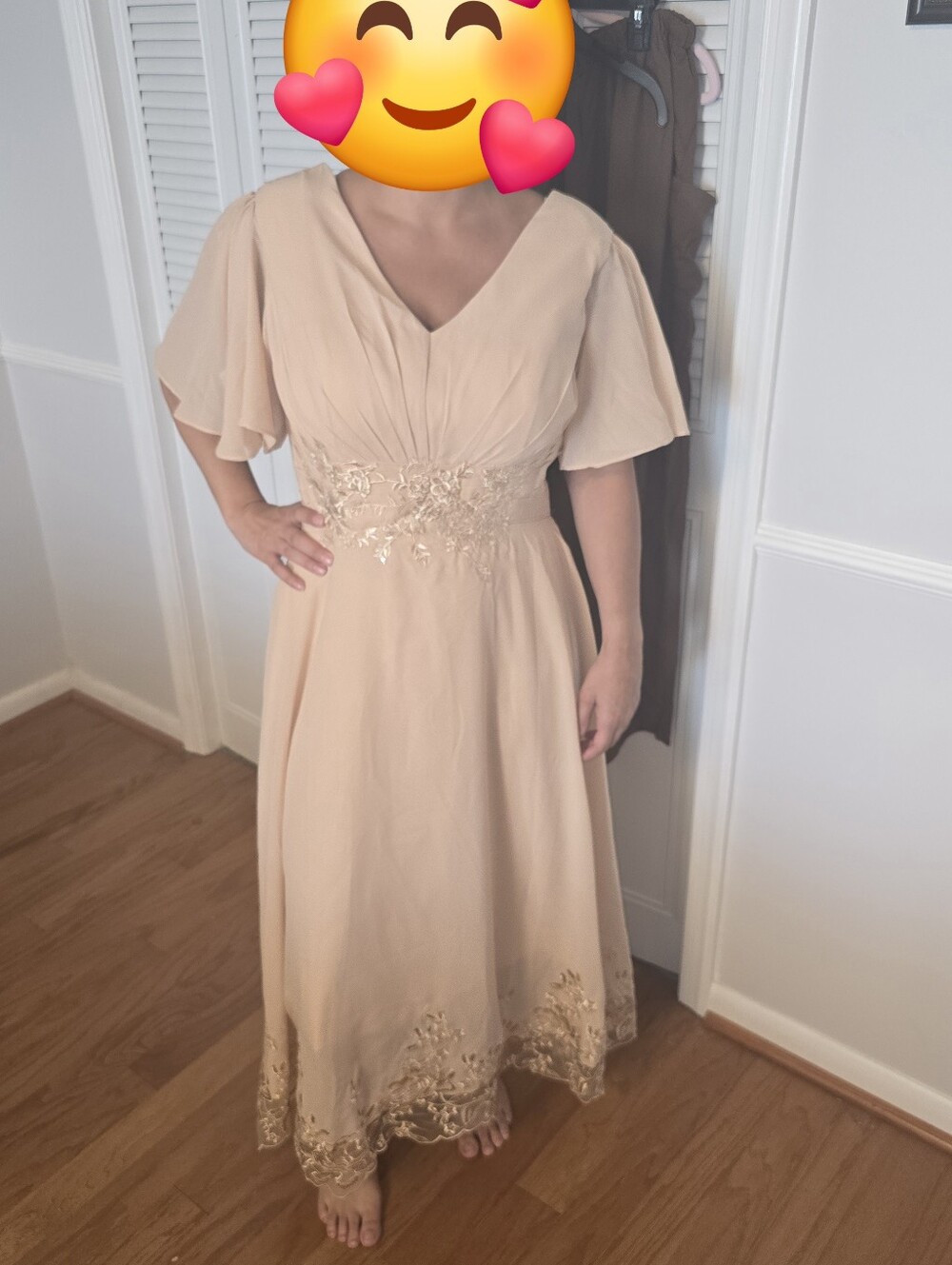Elegant Beige V-Neck Floral Embroidered Women’s Dress